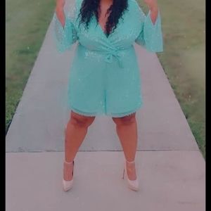 Boohoo Plus Size Batwing Sleeve Sequins Romper in Baby Blue